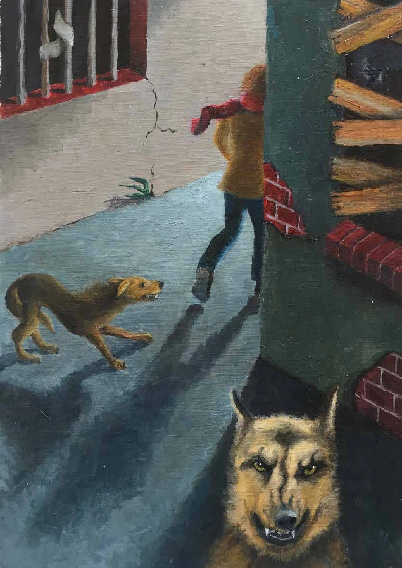 A child in a yellow coat hurries down a back street, chased by snarling dogs.