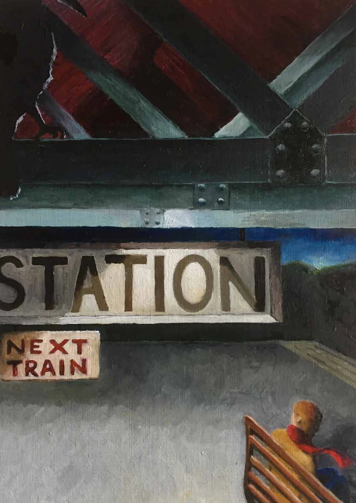 An old station platform under iron rafters; a small figure waits on a bench.