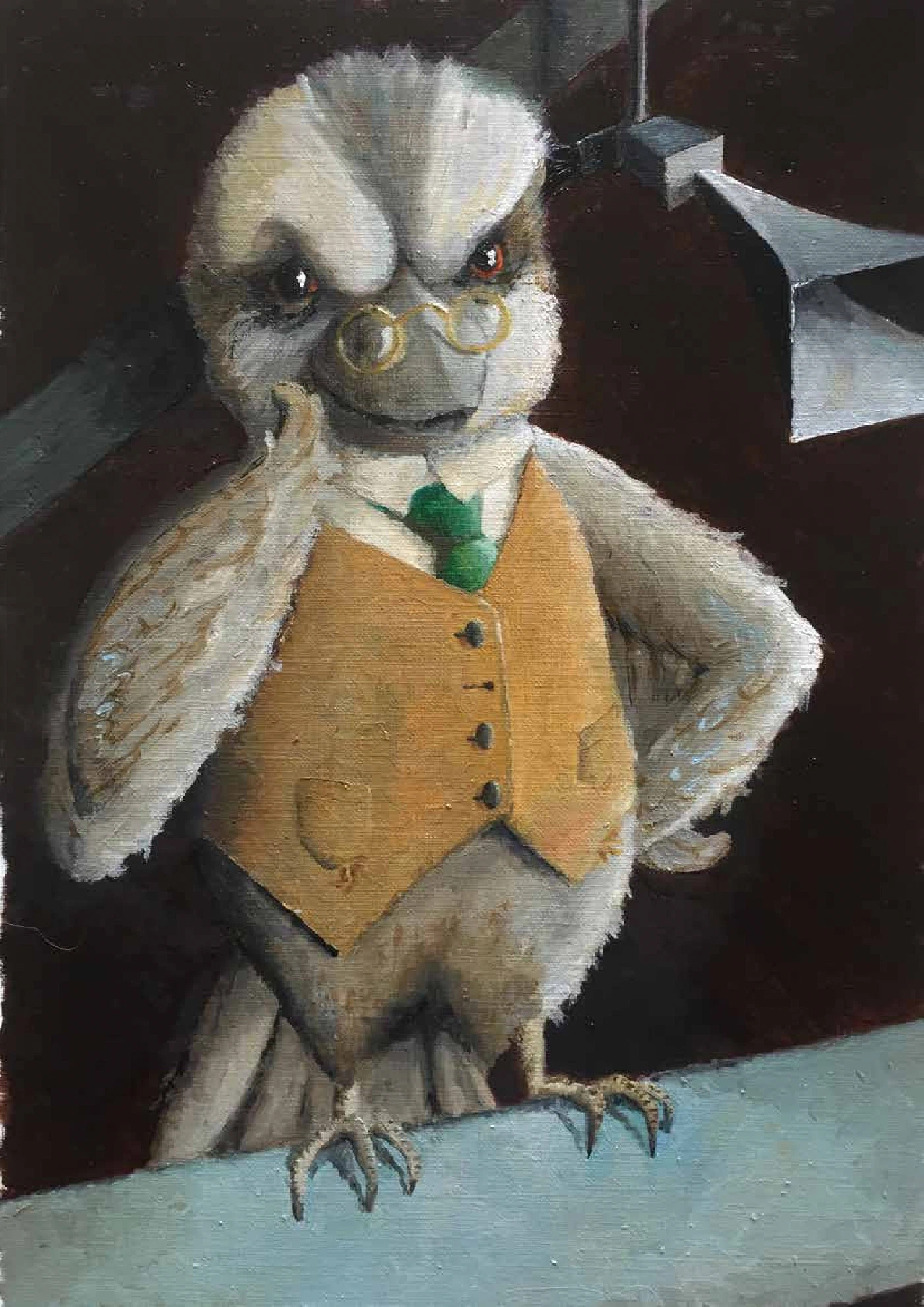 An old kookaburra in a rumpled mustard waistcoat, perched and peering through pince-nez glasses.