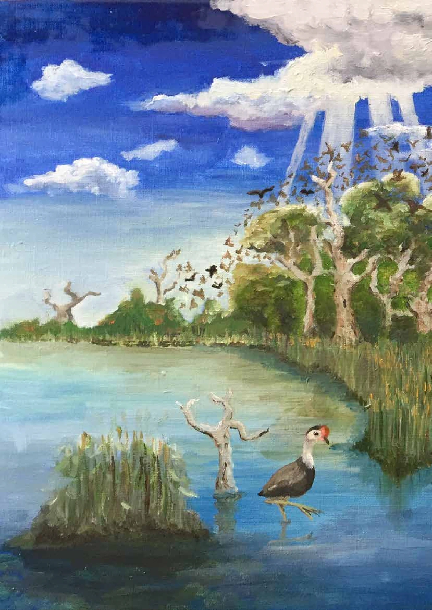 A wide wetland under a vast blue sky, light streaming through clouds, flocks of birds wheeling above.