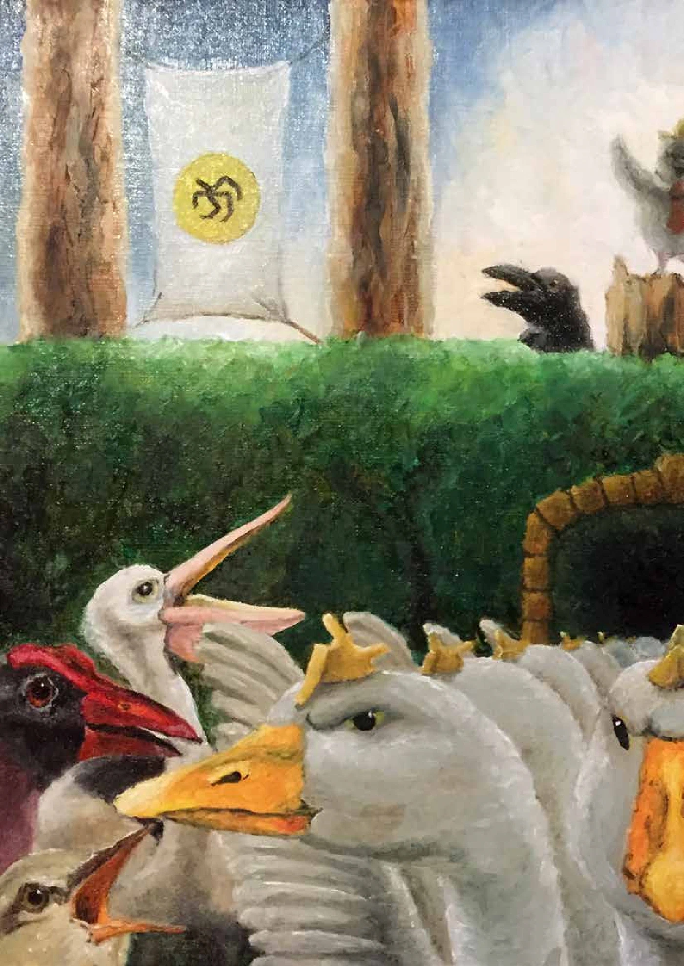 A clamour of geese with small yellow crests, marshalled by black-coated crows beneath a banner with a yellow sigil.