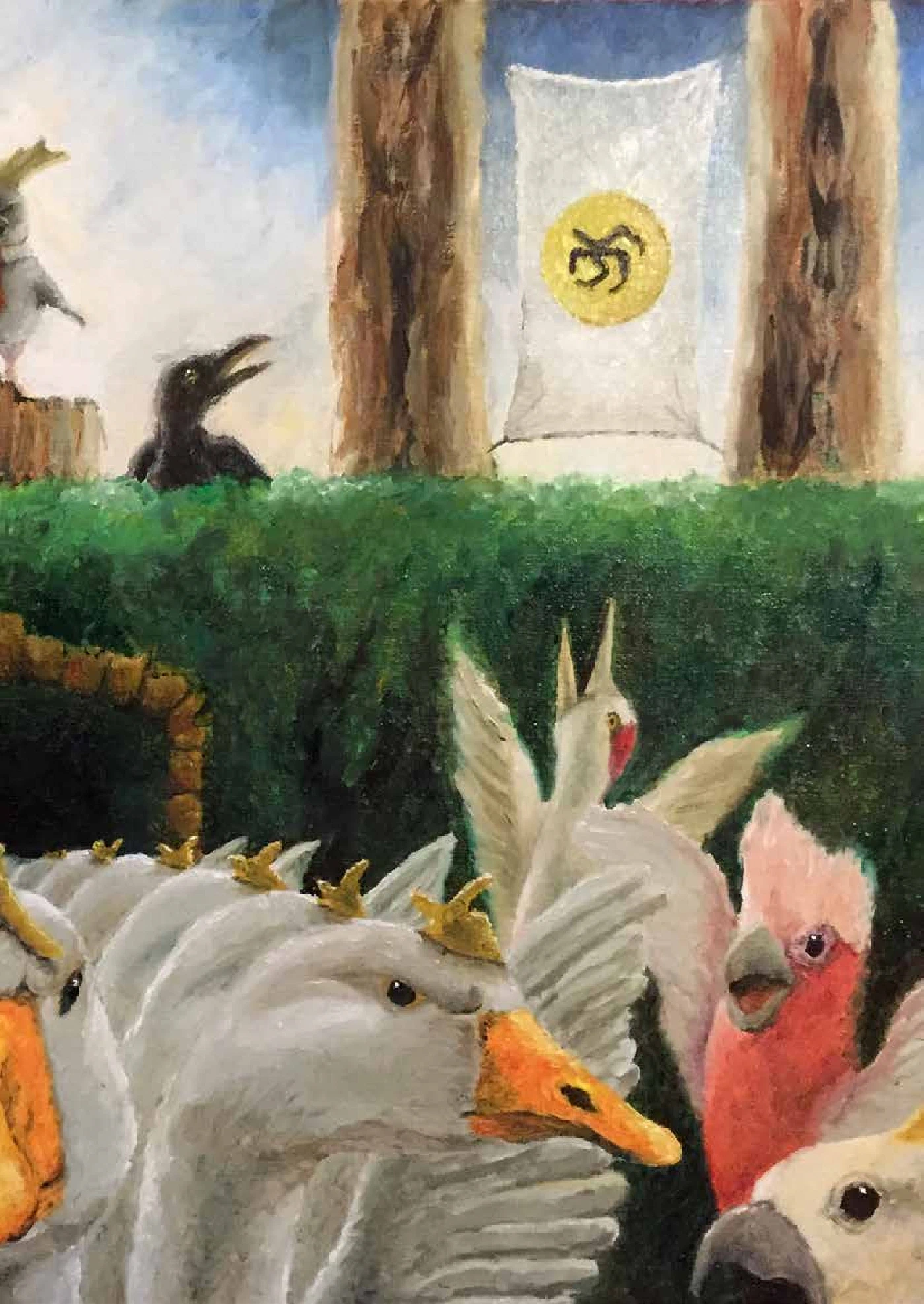 The parade closes in — a pink galah and white cockatoos look on as the geese march past the hedge.